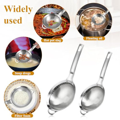 2 Packs Punch Hole Sieve Fine Mesh Stainless Steel Mesh Strainer Small Colander Strainer with Handle Metal Mini Sifter Set for Kitchen Baking Straining Flour Quinoa Tea Juice