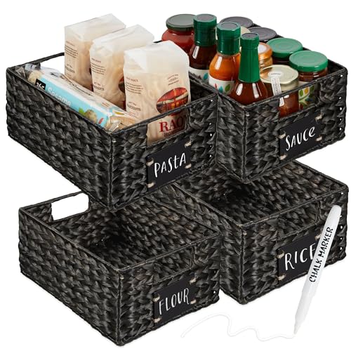 Best Choice Products 22.9 x 30.5cm(9 x 12인치) 워터 히아신스 식료품 저장실 바구니 4개 세트, 칠판 라벨이 있는 우븐 오거나이저, 초크 마커 - 블랙 - color: 블랙., size: 9x12x5in