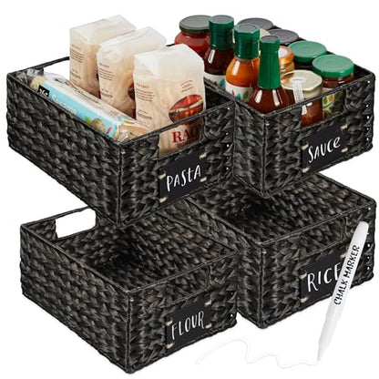 Best Choice Products 22.9 x 30.5cm(9 x 12인치) 워터 히아신스 식료품 저장실 바구니 4개 세트, 칠판 라벨이 있는 우븐 오거나이저, 초크 마커 - 블랙 - color: 블랙., size: 9x12x5in
