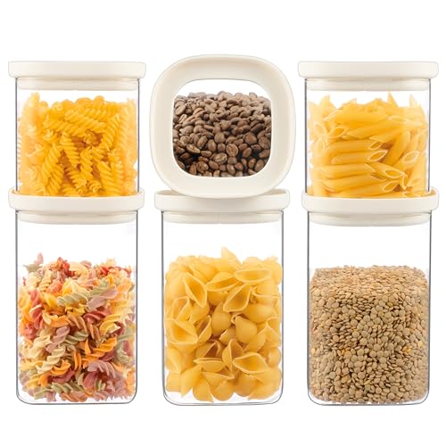 Urban Green Glass Food Storage Jar with Glass Lid in Square Shape, Food Canister Set with Airtight Lids, Pantry Jars for Kitchen Organization, Food Storage Containers in Set of 6 - color: White-S6P
