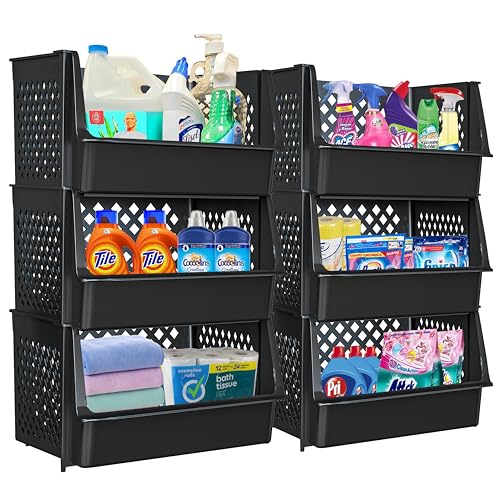 Large Stackable Storage Bins Open Front for Pantry Storage, 6 Pack - Black | Sturdy Plastic, Easy Stacking, Open Front Access, Ventilated Sides, Vertical & Space Saving Pantry Organizers and Storage Bin - color: Black, size: 6 Pack