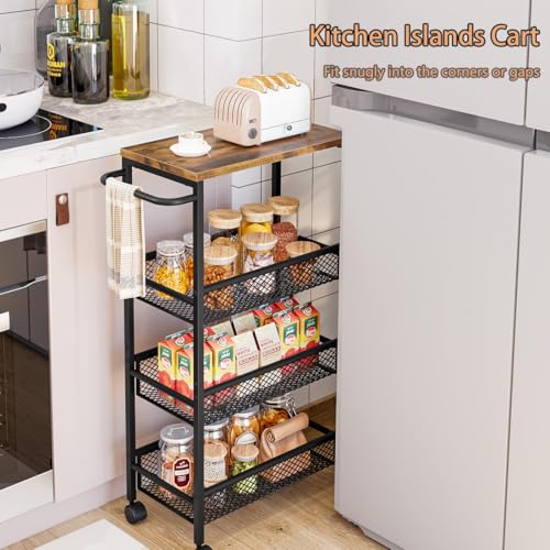 AZERPIAN Slim Rolling Cart 4 Tier Narrow Storage Cart on Wheels with MDF Board Top and Metal Handle for Small Space Kitchen Living Room Bathroom Laundry Room (16.38 x 9.06 x 30.31inch) - size: 16.38 x 9.06 x 30.31 inch