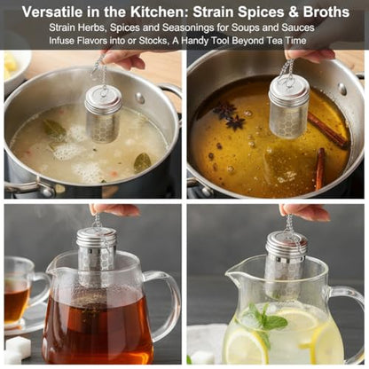 2 Pack Tea Strainers for Loose Tea, Extra Fine Mesh Tea Infuser, 304 Stainless Steel with Chain Hook& Drip Tray, Filter for Brew Tea, Spices & Seasonings, with 2 Cleaning Brushes