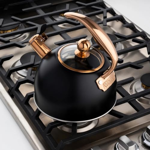 Viking 3-Ply Stainless Steel Tea Kettle, 2.6 Quart Stovetop Hot Water Pot with Tempered Glass Lid, Ergonomic Handle, Induction Ready, Matte Black and Copper - color: Matte Black and Copper