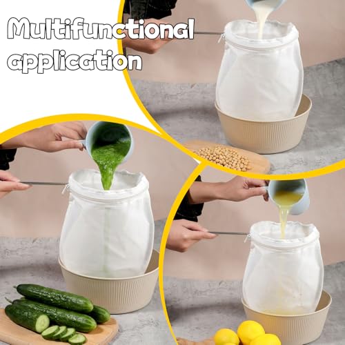 3Pcs Ultra Fine Mesh Reusable Strainer Bags with Stainless Steel Handle | Cheese Cloth Bag for Nut Milk, Juice Strainer, Fresh Cheese, Yogurt, 4.95"Wx9.6"D