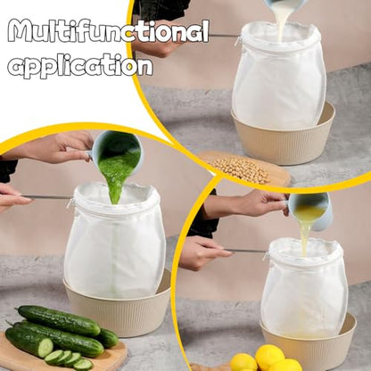 3Pcs Ultra Fine Mesh Reusable Strainer Bags with Stainless Steel Handle | Cheese Cloth Bag for Nut Milk, Juice Strainer, Fresh Cheese, Yogurt, 4.95"Wx9.6"D