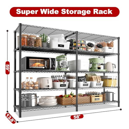 REIBII 5 Tier Wire Shelving Storage Shelves Loads 1430LBS, 58" W Metal Shelving for Storage Adjustable Shelving Unit Heavy Duty Garage Shelves Pantry Shelves Kitchen, Black - style: Black-13.8"D x 58"W x 59"H-5 Tier
