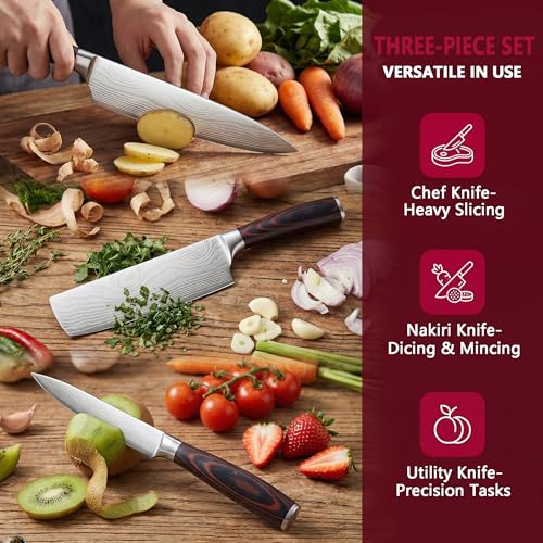 3 Pieces Chef Knife Set,Janpanese Knife | High Carbon Stainless Steel, Professional Kitchen , Ultra Sharp Chef Knives with Premium Gift Box, Ergonomic Pakkawood Handle