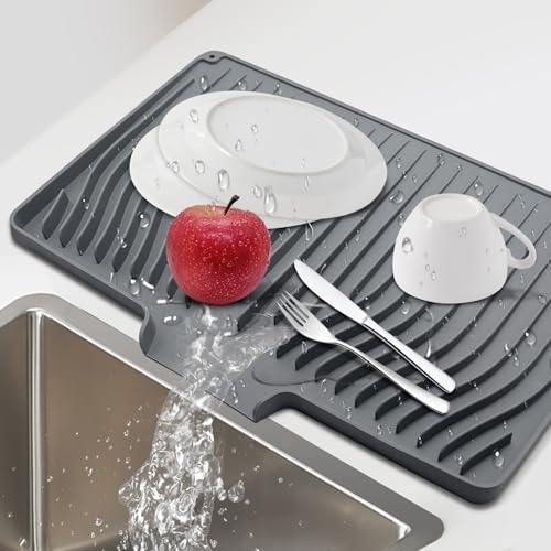 Silicone Dish Drying Mat for Kitchen Countertops and Sinks,19 x13.7 Inch Non Slip Heat Resistant Mat with Built In Drainage System,For Refrigerator and Drawer Liners (Gray, 19 x13.7 Inch) - color: Gray