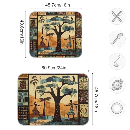 African Tree Figure Dish Drying Mat for Kitchen Counter Super Absorbent Draining Mat with Non-slip Backed Dish Rack Pad for Countertops Sinks Draining Racks Dish Bottles Cups Bowl