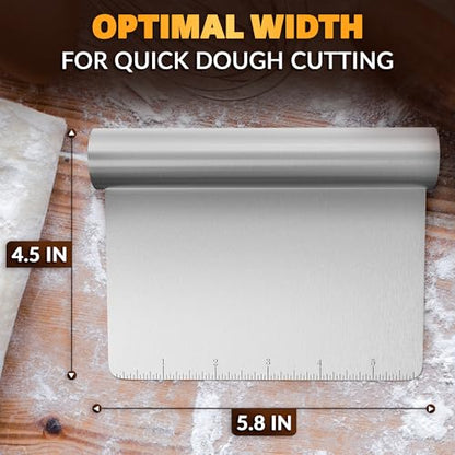 Stainless Steel Bench Scraper, 5.9 x 4.53 In, Measurement Marks | Pastry Scraper Tool with Ergonomic Handle, Resists Bending for Clean Cuts; Dough Cutter for Sourdough, Pizza and Cookie