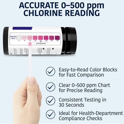 200 Chlorine Test Strips for Food Service 0-500 ppm (Value Pack) - Bleach Sanitizer Test Strips Food Service - Sanitizer Testing Strip - Chlorine Tester - Restaurant Supplies (Pack of 2) - size: 200 Strips (Pack of 2)