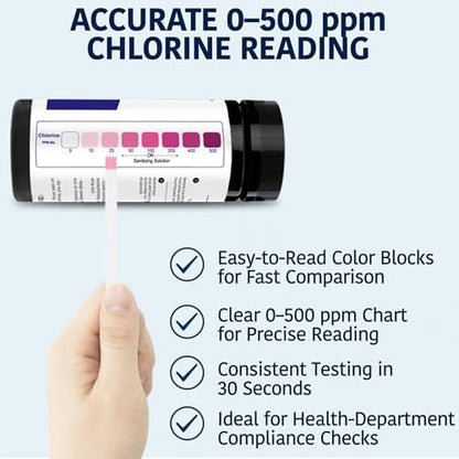 200 Chlorine Test Strips for Food Service 0-500 ppm (Value Pack) - Bleach Sanitizer Test Strips Food Service - Sanitizer Testing Strip - Chlorine Tester - Restaurant Supplies (Pack of 2) - size: 200 Strips (Pack of 2)