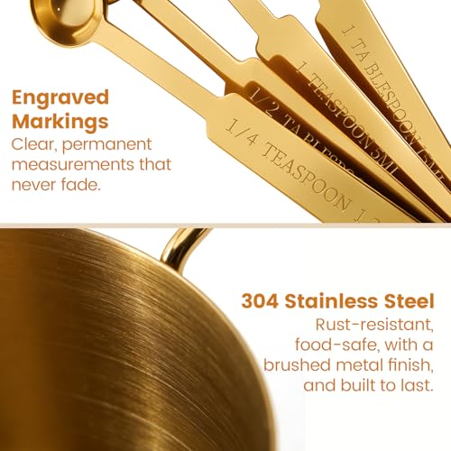 Gold 304 Stainless Steel Measuring Cup and Spoon Set, Stackable, 8-Piece, Long Handle for Narrow Bottles, Premium Gold Kitchen Utensils for Cooking and Mothers Day Gift - color: 8 set