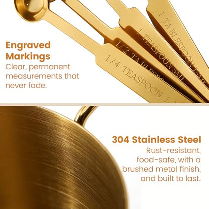 Gold 304 Stainless Steel Measuring Cup and Spoon Set, Stackable, 8-Piece, Long Handle for Narrow Bottles, Premium Gold Kitchen Utensils for Cooking and Mothers Day Gift - color: 8 set