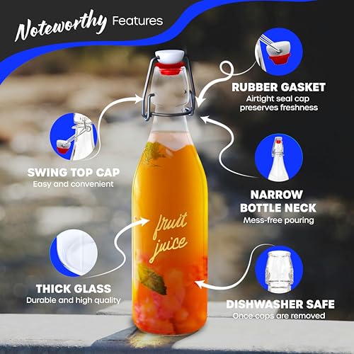 Nevlers 17 Oz Clear Round Swing Top Glass Bottles with Lids 12 Pack | Flip Top Glass Bottle with Stopper Kit for Kombucha or Vanilla Extract Bottles | Wine Bottle Set with Funnel, Brush & Marker - style: Round