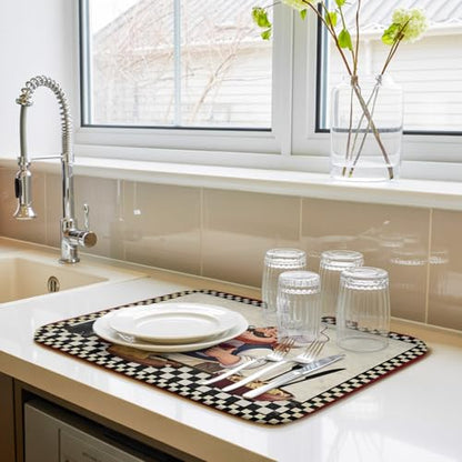 Dish Drying Mat for Kitchen Counter, Chef with Cheese Absorbent Dish Mats Foldable Microfiber Drainer Pad 1PCS 18"x24", Wine Bottle Black Plaid Frame Plate Holder Mat for Countertop Sink Decor - size: 1PCS-18x24in