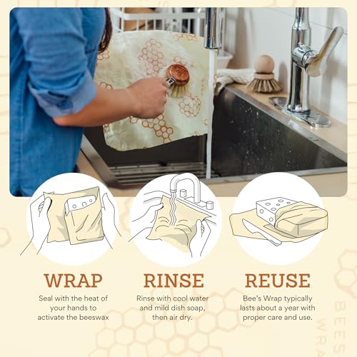 Bee's Wrap Beeswax Wraps for Food - Pack of 5 Assorted Wraps - 3 Medium & 2 Large Food Storage Bags - Meadow Magic & Honeycomb - Plastic Free Made in USA Reusable Kitchen Storage Bags - style: 5 Pack (Meadow Magic & Honeycomb)