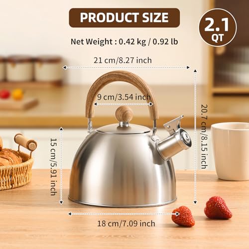 18/8 Stainless Steel Tea Kettle for Stovetop (2L / 2.1 Quart Whistling Tea Pot, Wood Handle)-Silver - size: 2.1 Quarts