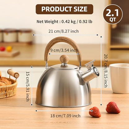 18/8 Stainless Steel Tea Kettle for Stovetop (2L / 2.1 Quart Whistling Tea Pot, Wood Handle)-Silver - size: 2.1 Quarts