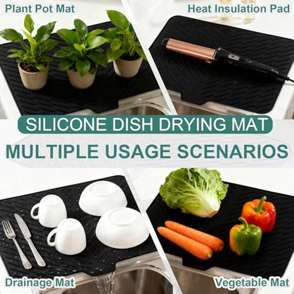 Silicone Dish Drying Mat 23x17,Food-Grade Silicone,Easy Clean Pad for Countertop Protection,Heat Resistant,Easy Clean,Non-Slip Drain Pad with Built-in Drain,Multi-Functional Use,Black - color: Black, size: 23" x 17"