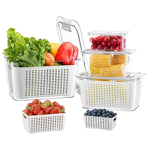 LUXEAR 4 Pack Fruit Vegetable Containers for Fridge, Produce Saver Container with Lids &Removable Colander BPA-free Refrigerator Storage Organizer for Fruit Vegetable, Berry, Meat keep Fresh Longer - color: 4 Pack White