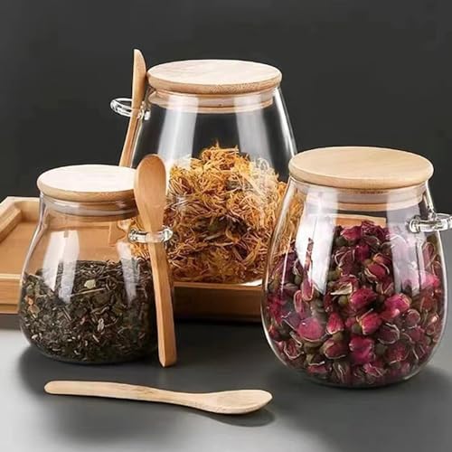 Airtight glass jar storage container with bamboo lid Set of 2, wide mouth, leak-proof, With a spoon, can be used for coffee beans, tea leaves, grains, dried fruits, etc (Small) - color: Small