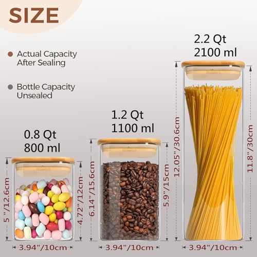 Glass Storage Containers with Lids, Clear Food Storage Container Jar with Sealing Bamboo Lid for Noodles Flour Cereal Rice Sugar Tea Coffee Beans (Square-5Pack) - size: Square 0.8 Qt*2/1.2 Qt*2/2.2 Qt*1-5Pack