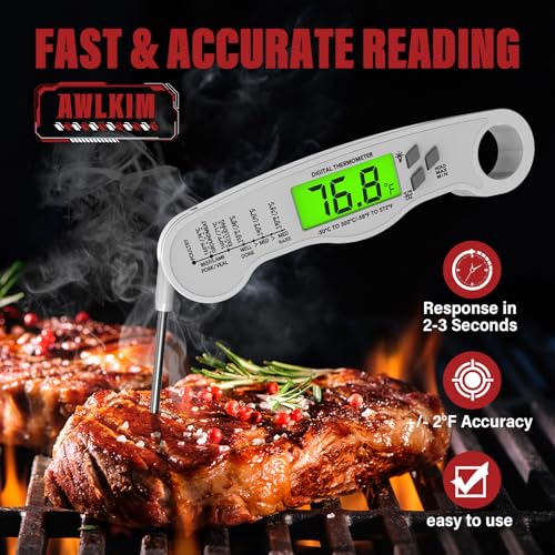 AWLKIM Meat Thermometer Digital, Instant Read Thermometer, White | Food thermometer for grill, BBQ, candy, oil and baking; backlit display, foldable probe and magnetic storage. - color: White