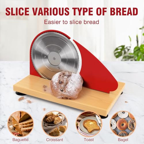 vanerepok Manual Bread Slicer Adjustable Thickness for Homemade Sourdough | Hand Crank Bread Cutter with Scale & Stable Suction Cups & Wood Base for Even Slicing Perfect Baking Gift for Home Bakers - color: Red