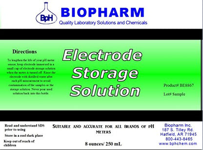Biopharm pH/ORP Electrode Storage Solution, 250 mL. KCl-Based Formula | Keeps Your Probe Conditioned and Helps Extend its Life. Contains 1M KCl plus other ingredients to improve probe performance.