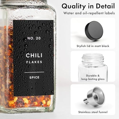 EDELHAUS Glass Spice Jars with Label, Seasoning Set, 36x Black Steel Lids | Airtight lids keep spices fresh; use as a spice organizer, seasoning containers or 4 oz jar set; funnel, brush & 240 labels - color: 36x Black Lid Jars
