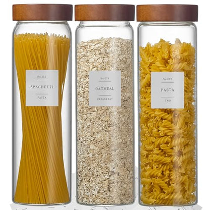 Wissy&Konny 3 Pack Glass Pasta Storage Containers with Screw wood Airtight Lid, 70oz Tall Glass Jar with Lid Spaghetti Container Storage for Pasta,Spaghetti,Cereal (132 Pantry Labels)
