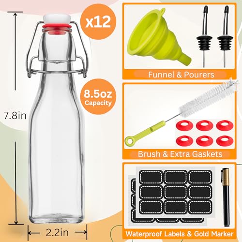 Vanilla Extract Bottles [8.5 oz, 12-Pack] – Flip Top Swing Top Glass Bottles for Homemade Extracts, Kombucha, Coquito, Juice – Airtight Leak-Proof Caps with Funnel, Extra Gaskets, Labels & Marker - size: 8.5oz - 12 Pack