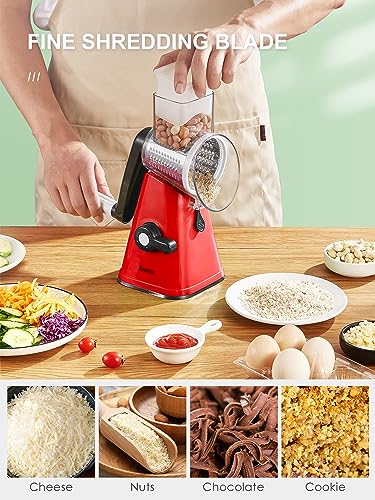 Rotary Cheese Grater with Handle, Reemix Vegetable Cheese Shredder Slicer Grater for Kitchen 3 Changeable Blades for Cheese Potato Zucchini Nuts Chocolate (Red) - color: Red