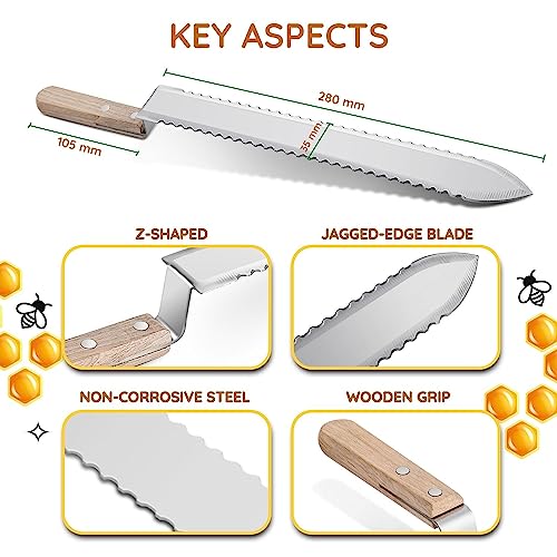 Flexzion Cold Honey Uncapping Tool - 11 Inch Serrated Uncapping Knife, Stainless Steel Honey Knife Uncapping with Ergonomic Wooden Handle, Non-Heated Honeycomb Scraper for Wax & Honey Extraction