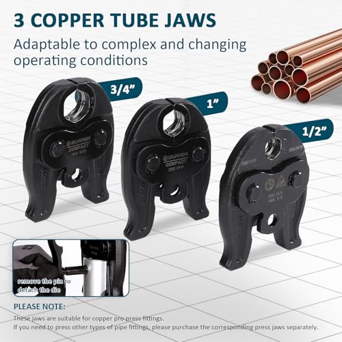 ZUPPER Compact Press Tool Kit for 1/2", 3/4", 1" Copper Pipes | Compatible with Propress 18V Electric Pipe Crimping Tool Brushless Motor 2pcs 2Ah Battery - size: 3 Jaws (1/2", 3/4", 1")