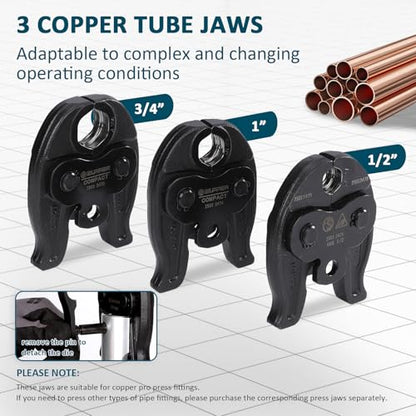 ZUPPER Compact Press Tool Kit for 1/2", 3/4", 1" Copper Pipes | Compatible with Propress 18V Electric Pipe Crimping Tool Brushless Motor 2pcs 2Ah Battery - size: 3 Jaws (1/2", 3/4", 1")