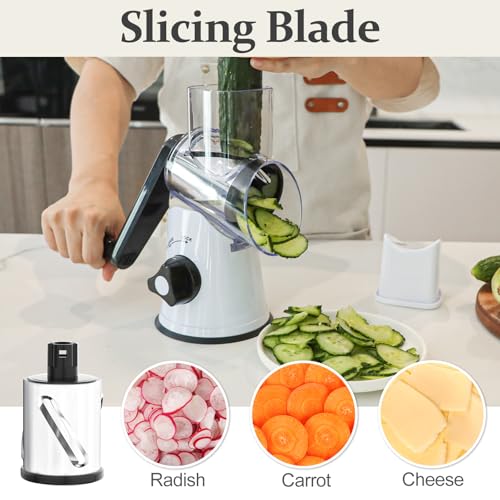 Cambom Rotary Cheese Grater Hand Crank Cheese Shredder for Fresh Cheese, Vegetable, Nuts,Non-slip Suction Base, Three Blades, Black White - color: White Black, size: 3 BLADES