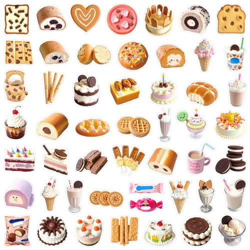 50Pcs Cute Dessert Stickers, Waterproof Vinyl Sweet Treat Decals for Water Bottle Laptop Suitcase Skateboard Scrapbook Journal, Kawaii Food Snack Labels for Kids Teens Girls DIY Craft Gift Supplies - color: Cute Dessert-1