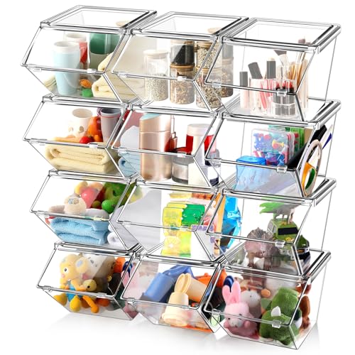 Yerliker 12 Pcs Clear Plastic Storage Bins with Lids Large Stackable Pantry Storage Organizer Bins Kitchen Organization Cabinet Organizers Ideal Containers for Fridge, Kitchen, Cabinets (Clear)