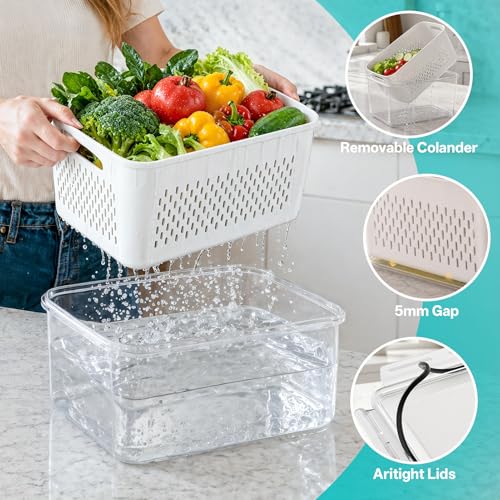 HOMETALL 8 Pack Fruit Storage Containers for Fridge with Strainer, BPA Free Fruit Cleaning Bowl Fridge Organizer, Plastic Fresh Keeper Set Refrigerator Organizer for Salad Berry Produce - size: 8PCS