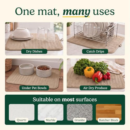 Cuisinart Dish Drying Mat for Kitchen Counter - 2-Pack XL 18x24 Ultra Absorbent Microfiber Dish Mat - Fast Drying, Machine Washable, Foldable Countertop Pad - Safe for Granite & Quartz - color: Geostripe Tan