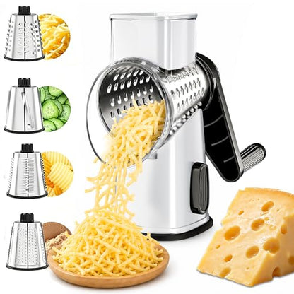 VEKAYA Rotary Cheese Grater Hand Crank, White | 4 Interchangeable Stainless Steel Blades, Large Manual Handle Shredder, Waffle Slicer for Vegetables, Cheese and Nuts - color: White
