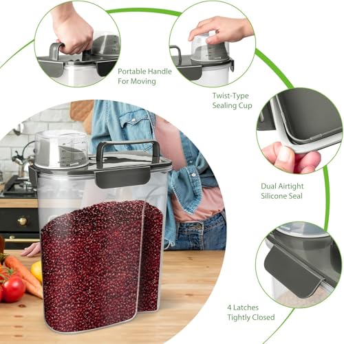 Viretec Rice Storage Container, 15 to 20lb Dry Food Airtight Dispenser, Pet Dog Cat Food Canister, BPA Free Clear Plastic Kitchen and Pantry Bin for Oatmeal, Cereal, Pasta, Flour Pack of 2 Grey - color: 10L+6L/Grey