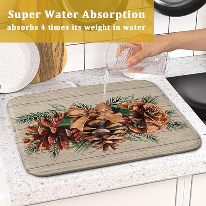 Winter Pine Cone Dish Drying Mat Holly Berries Dish Draining Mat Microfiber Washable Dish Drainer Rack Mat for Home Kitchen Counter 16"x18" - color: Winter Pine Cone, size: 16" x 18"