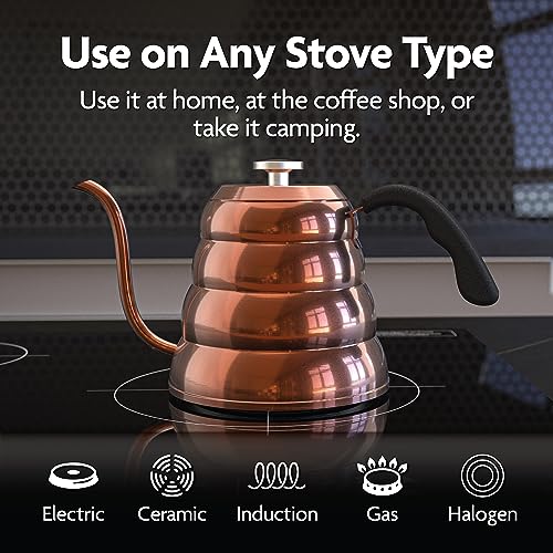 Viante Gooseneck Stovetop Pour Over Coffee Kettle, Built-in Thermometer | Precision spout for drip coffee & tea. Stainless steel with copper finish, 40 fl oz. Works on all cooktops