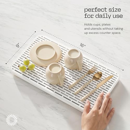 Deepstone 3-Layer Stone Dish Drying Mat for Kitchen Counter - Diatomaceous Earth Quick Dry Mat with Removable Plastic Topper and Non-Slip Base Pad, 16 x 9 in (White)