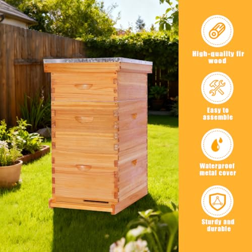 POLLIBEE 8 Frame Beehive Starter kit, Beeswax Coated Hive for Beekeeper, Langstroth Bee Hives Include 2 Deep and 1 Medium Bee Box with Bee Frames and Foundations(Unassembled) - size: 8 Frame-3L