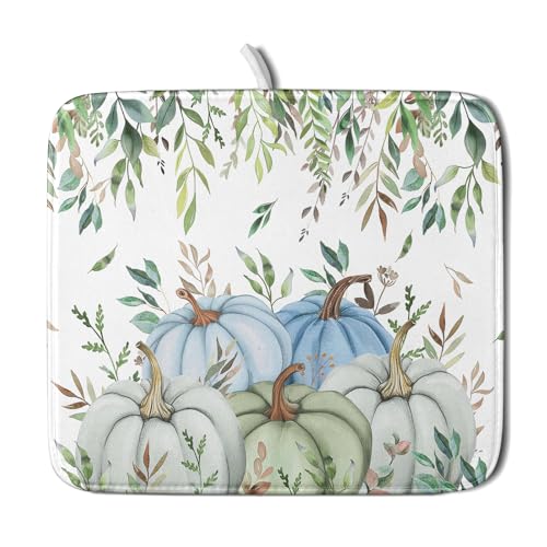 Giwawa Fall Blue Pumpkin Dish Drying Mat Autumn Harvest Dishes Pad 16"x18" Microfiber Quick Dry Dish Drainer Rack Mats Kitchen Counter Accessories - color: Blue Pumpkin Leaf, size: 16x18 inch